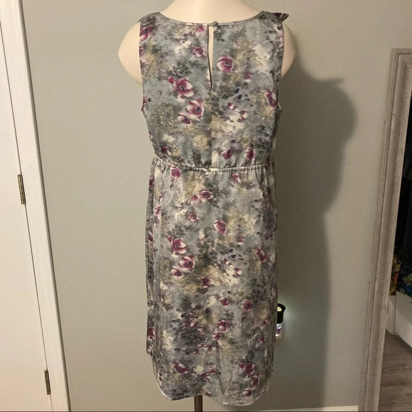 LOFT Gray & Purple Watercolor Print Ruffle Dress 4 - Picture 7 of 15